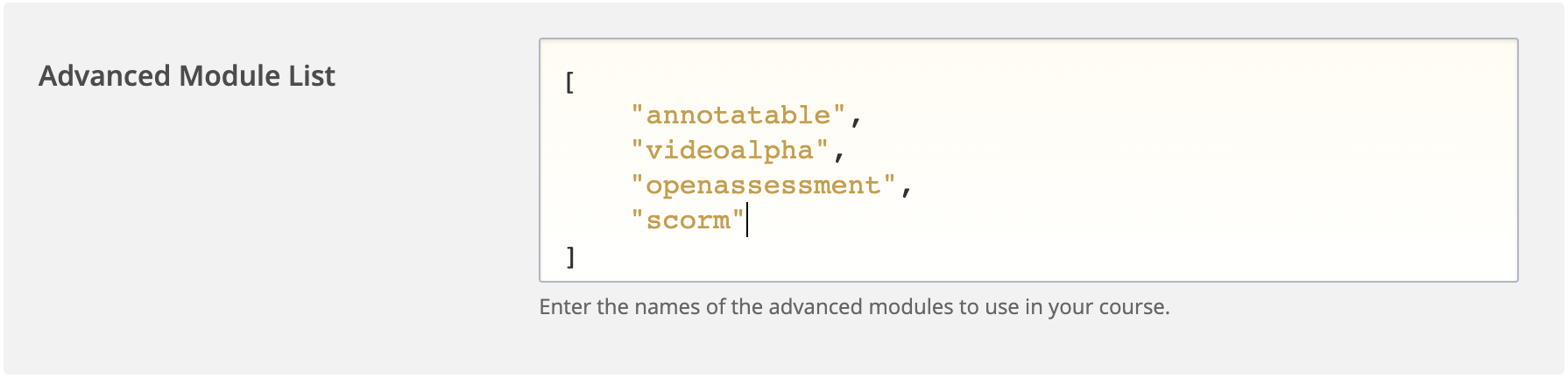 Advanced Module List with "scorm" added.