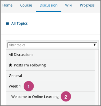 The list of discussions on the Discussion page in the LMS, showing the category and subcategory of a content-specific discussion topic.