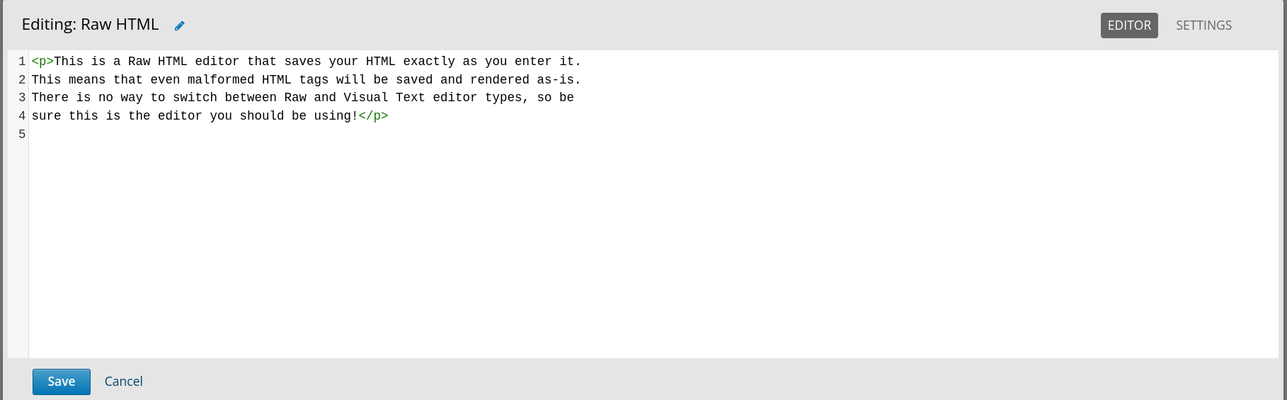 The HTML source code editor for the visual editor in Studio, showing HTML with markup.