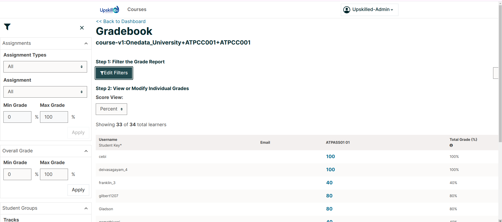 Course gradebook with rows for learners and columns for assignments.
