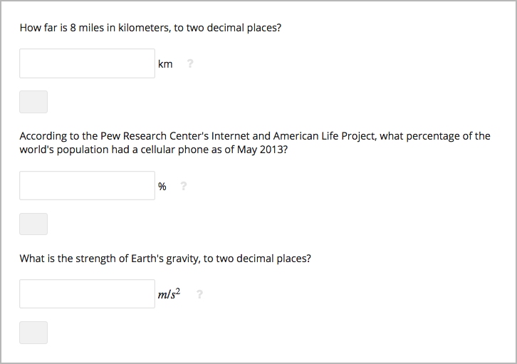 Three numerical input problems with text after the response field: "km", a percent sign, and a symbol for meters per second squared.