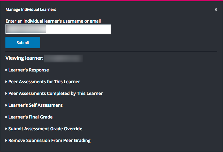 The expandable sections on the Manage Individual Learners page.