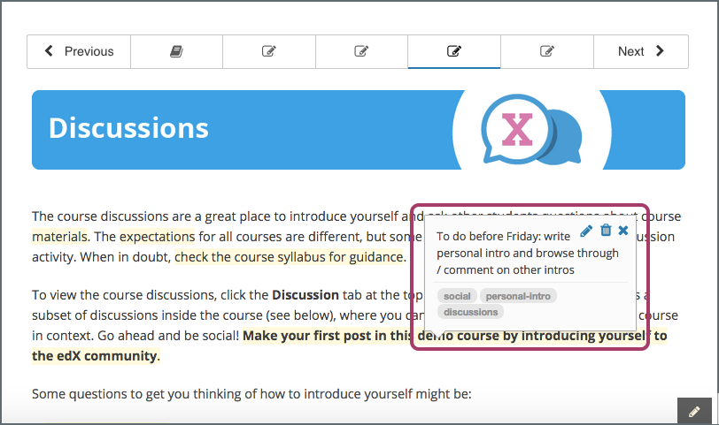 Image of a course page that includes highlighted text and a note.