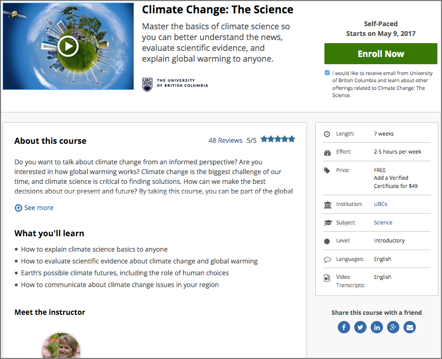 A course About page, showing the course image, video, description, and additional information.