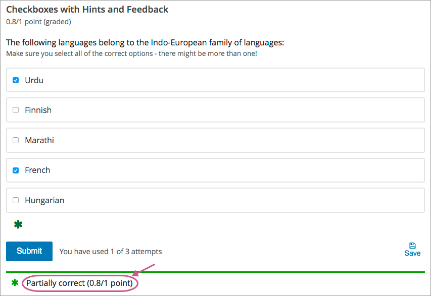 A checkbox choice problem with partial credit for two out of three answers.
