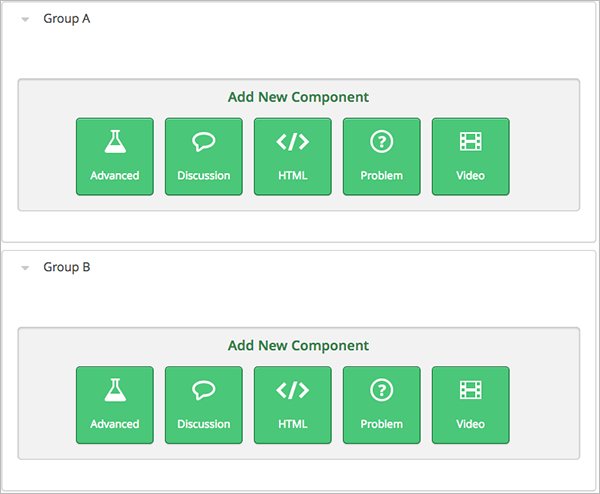 An image of the content experiment page in Studio, with two groups.