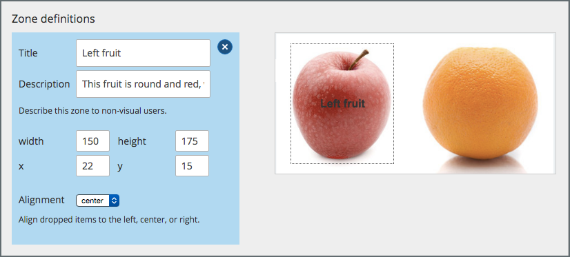 A background image and target zones shown in the drag and drop problem editing dialog box.