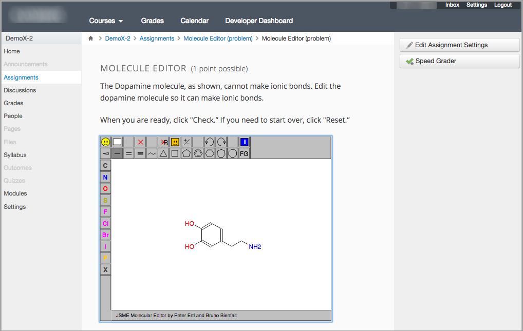 An Upskilled molecule builder problem shown as part of a course running on a Canvas system.