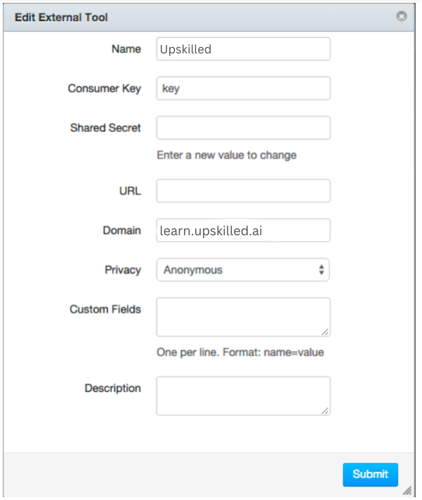 The Canvas page where you enter identifying values for the Upskilled host site as a LTI tool provider.