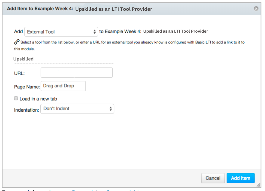 The Canvas page where you add an external tool and supply the LTI URL.