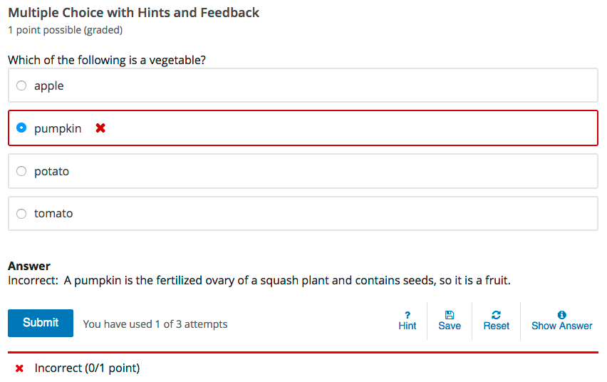Image of a single select problem with feedback.