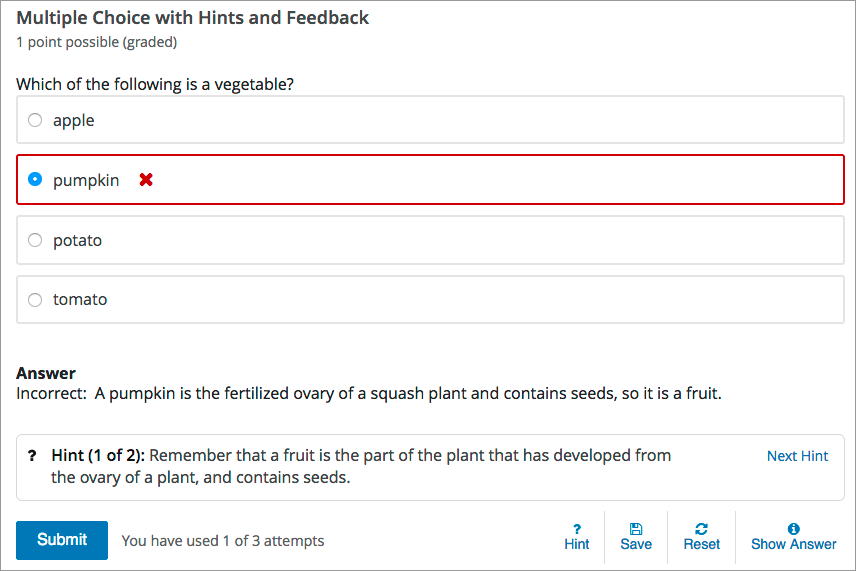 Image of a single select problem with the first hint.