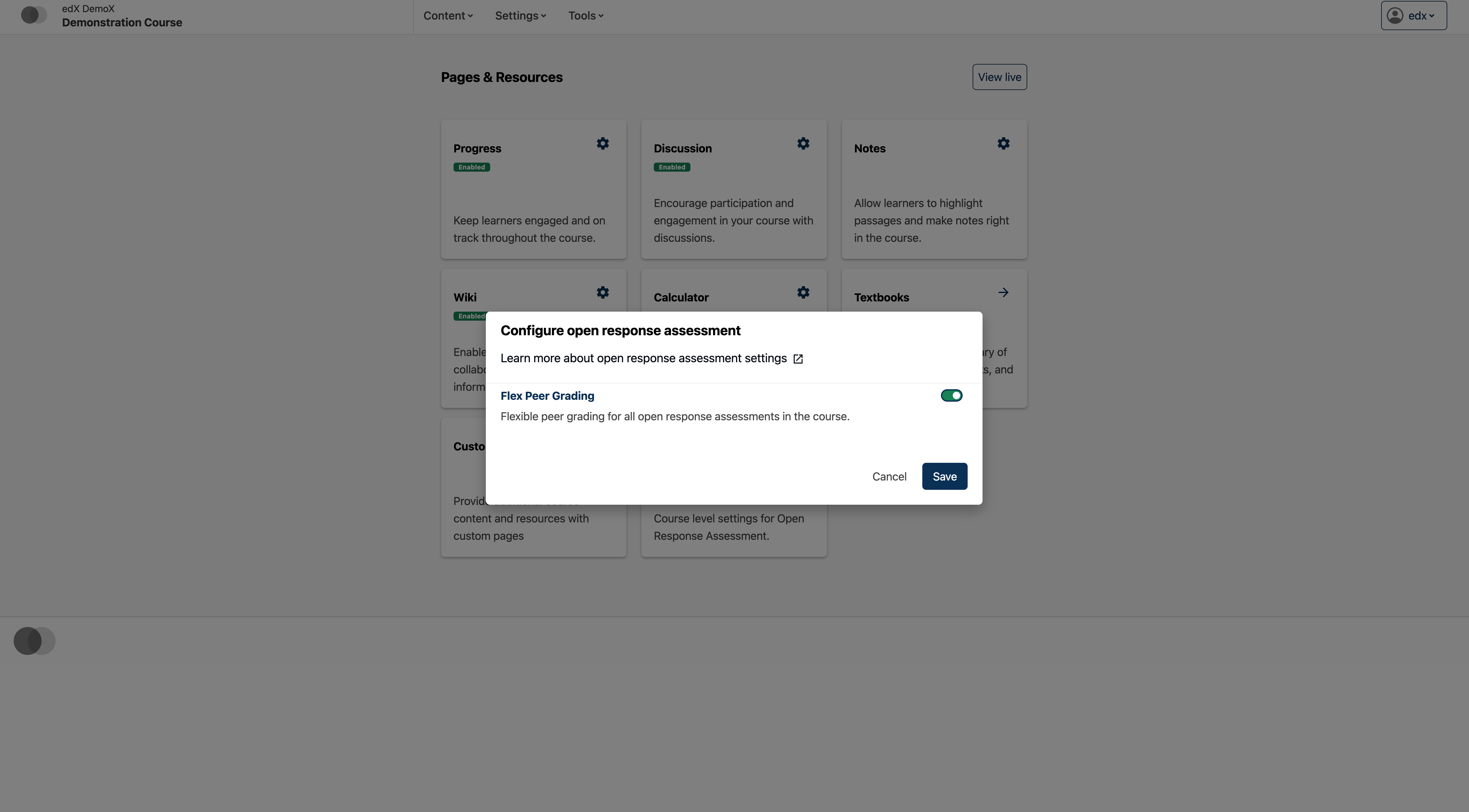 Image highlighting the toggle for flexible peer grading on the course level