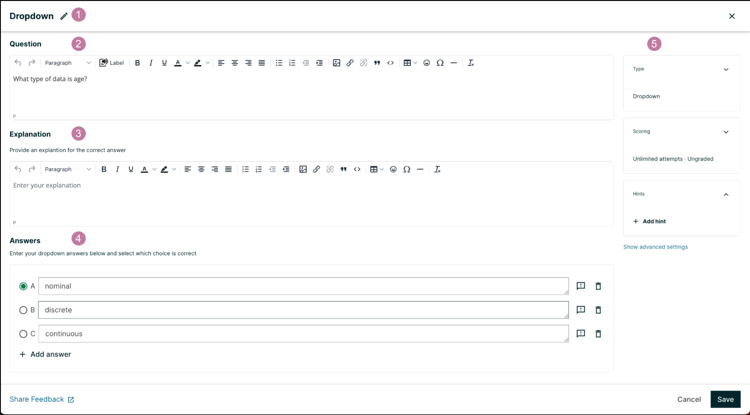 An example dropdown problem in the problem editor with number indicators labeling the various features.