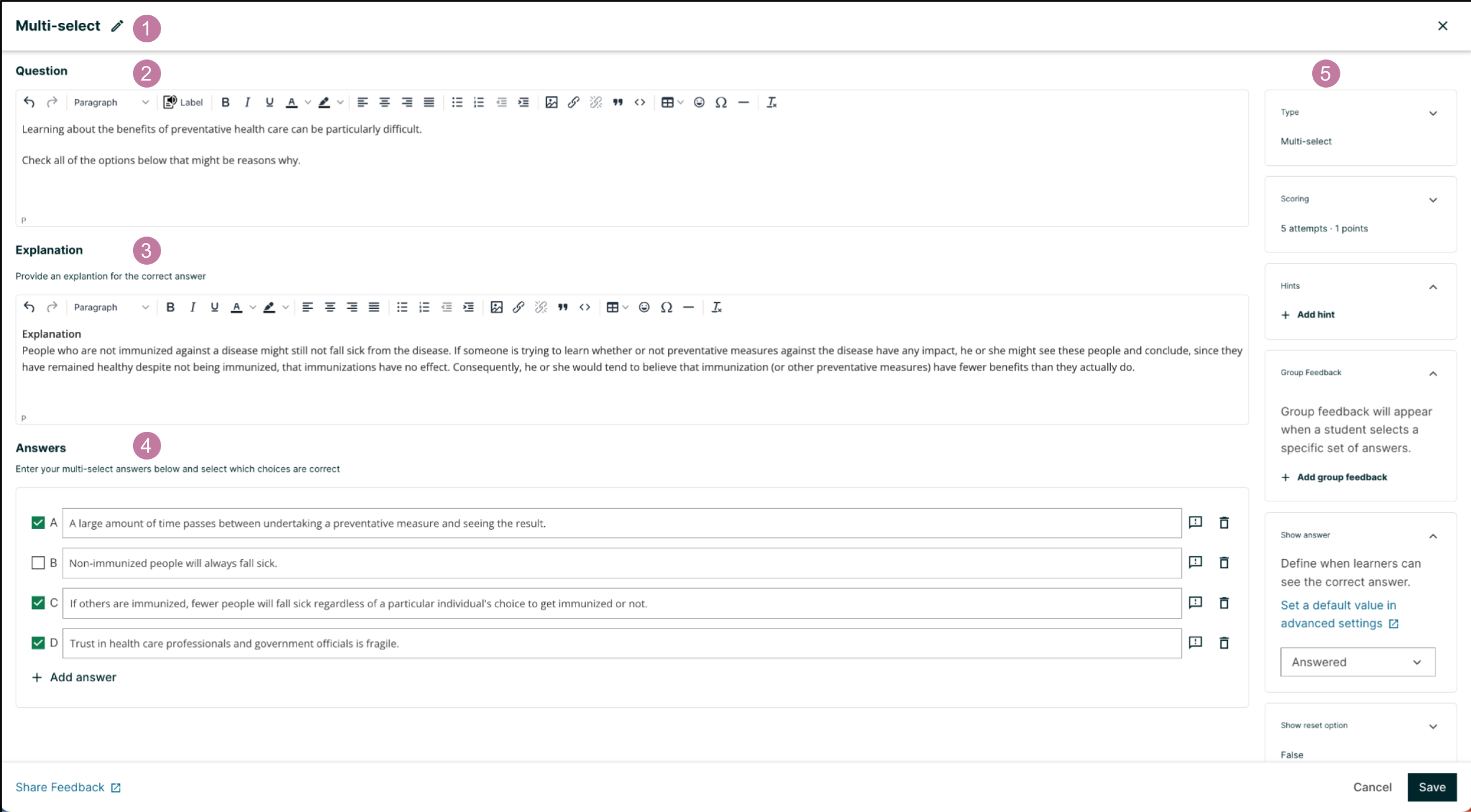 An example multi-select problem in the problem editor with number indicators labeling the various features.