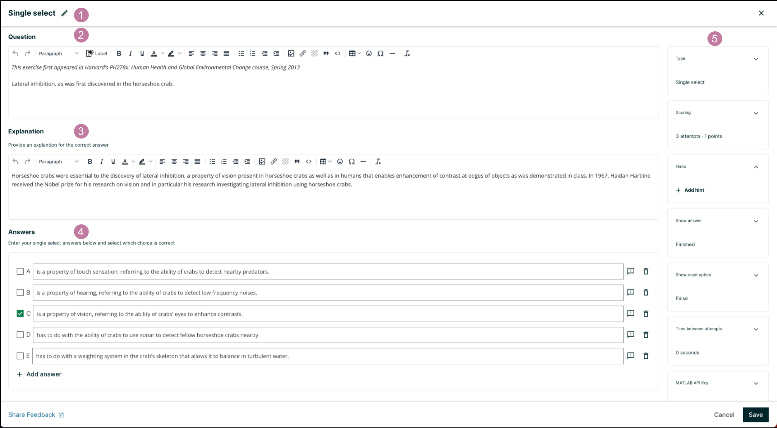 An example single select problem in the problem editor with number indicators labeling the various features.