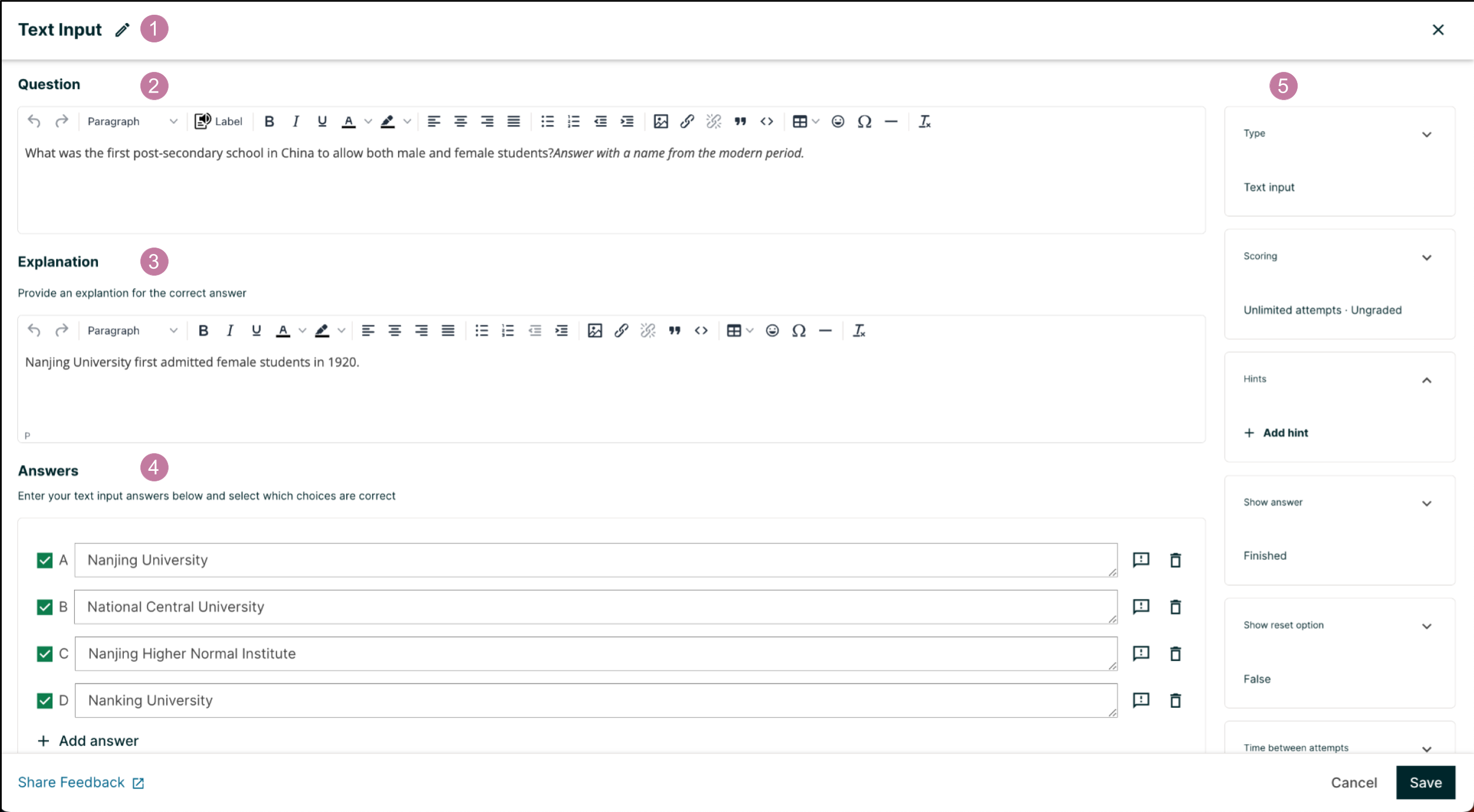 An image of the problem editor in Studio. The various inputs and sections are labeled, and are referenced below.