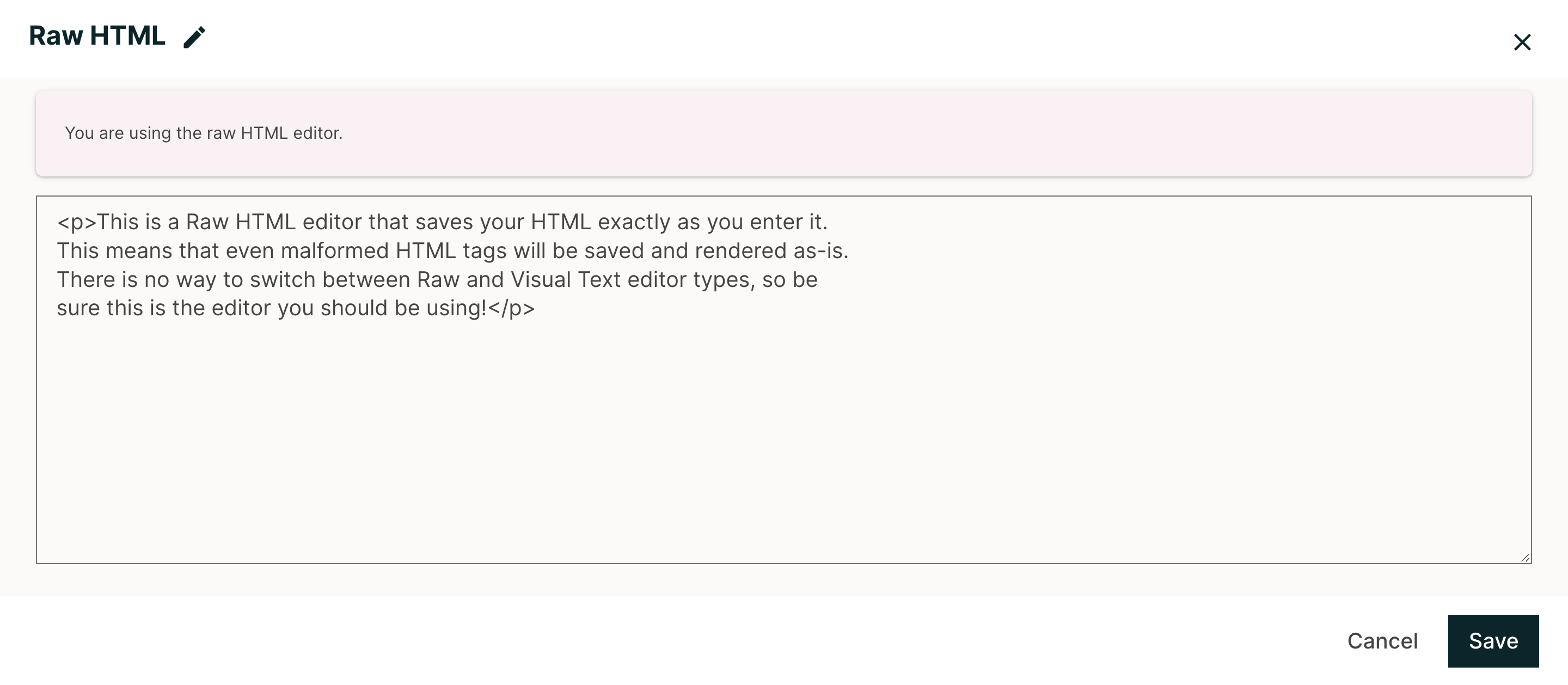 The raw HTML editor, showing example HTML.