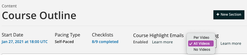 Studio course outline page displaying the options for video sharing.