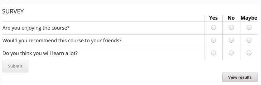 A survey with the View Results button for course staff.