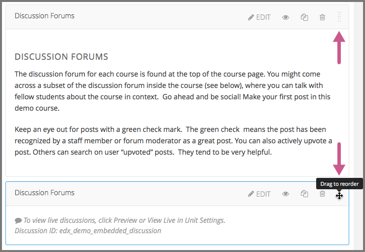 A discussion component selected so that it can be dragged.