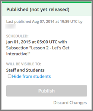 Status panel of a unit that is published but not released, with "Published (not yet released)" at the top.